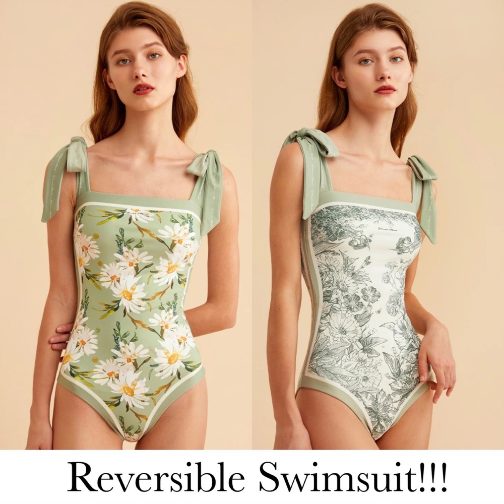 Retro Pale Green and White Floral Reversible Swimsuit with Shoulder Ties